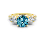 Yellow gold Three-Stone Round Cut Blue Topaz Pavé Band with Four-Prong Setting