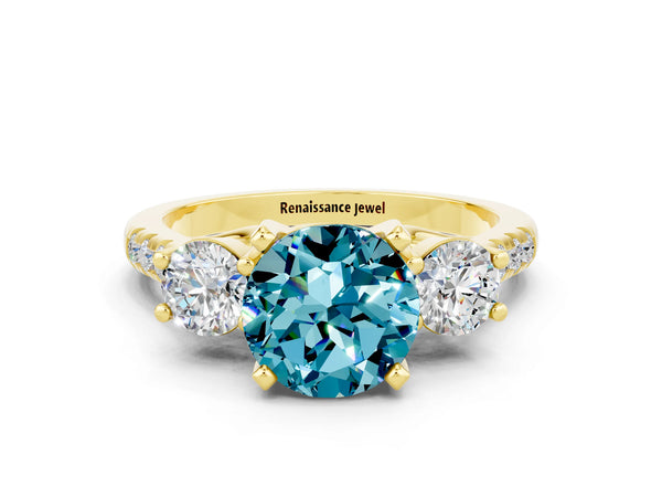 Yellow gold Three-Stone Round Cut Blue Topaz Pavé Band with Four-Prong Setting