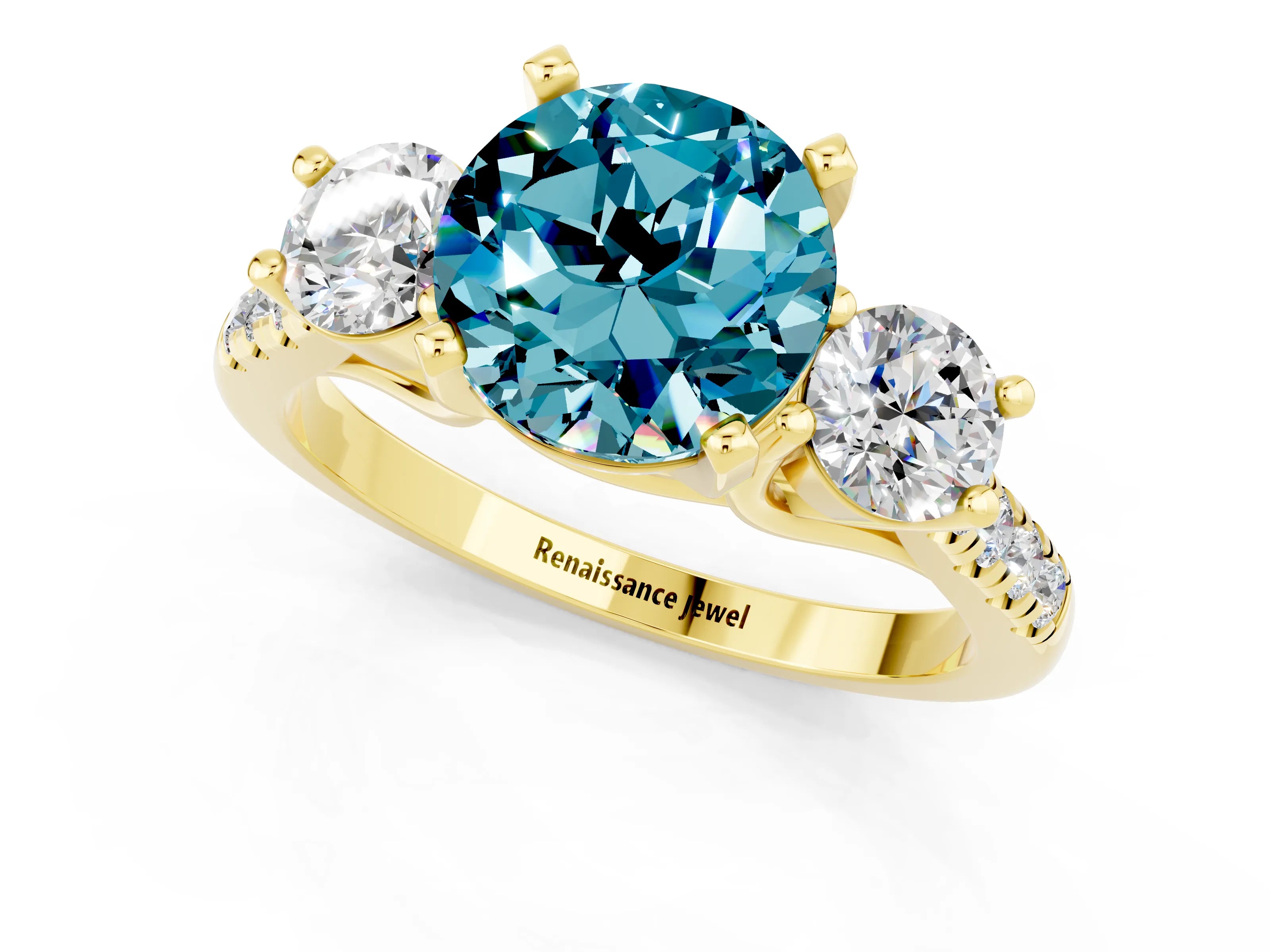 Yellow gold Three-Stone Round Cut Blue Topaz Pavé Band with Four-Prong Setting_1