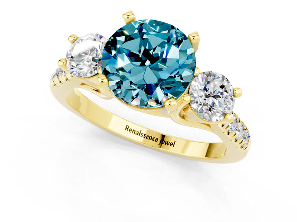 Yellow gold Three-Stone Round Cut Blue Topaz Pavé Band with Four-Prong Setting