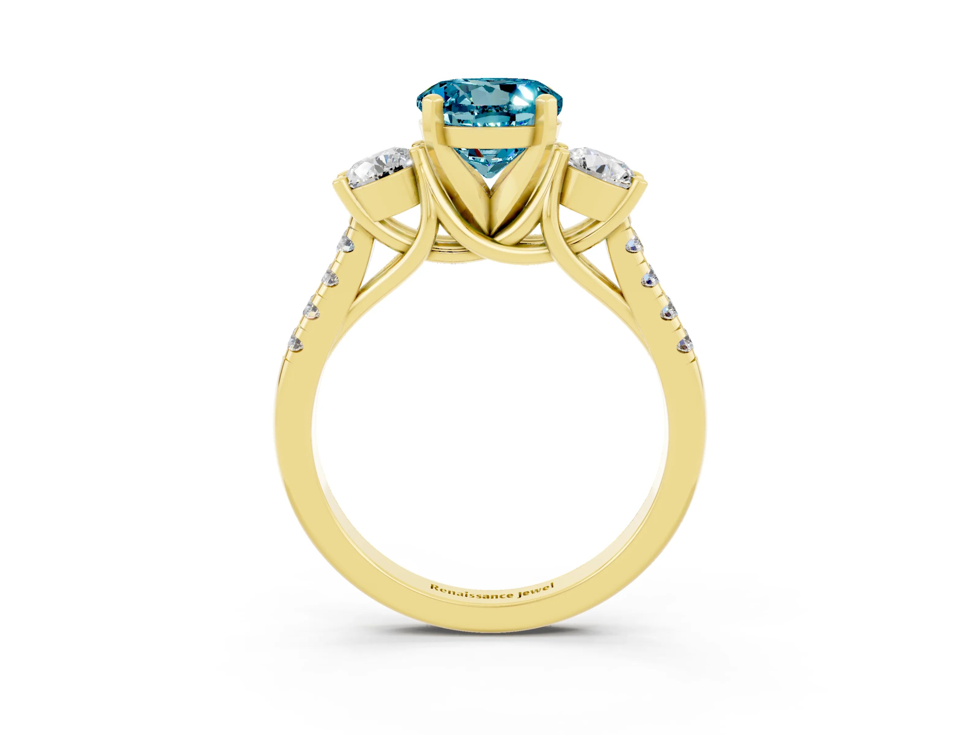 Yellow gold Three-Stone Round Cut Blue Topaz Pavé Band with Four-Prong Setting_3