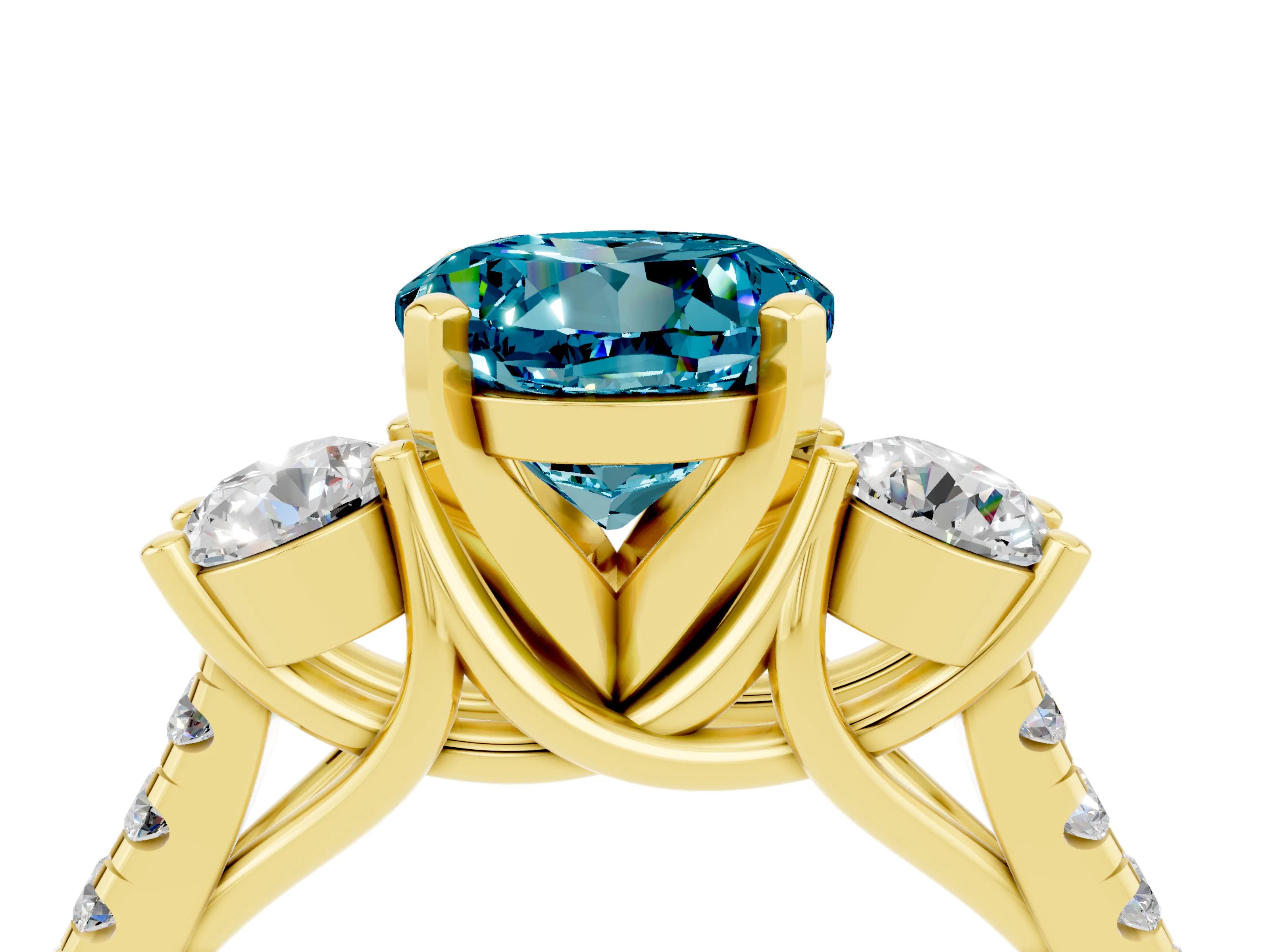 Yellow gold Three-Stone Round Cut Blue Topaz Pavé Band with Four-Prong Setting_4