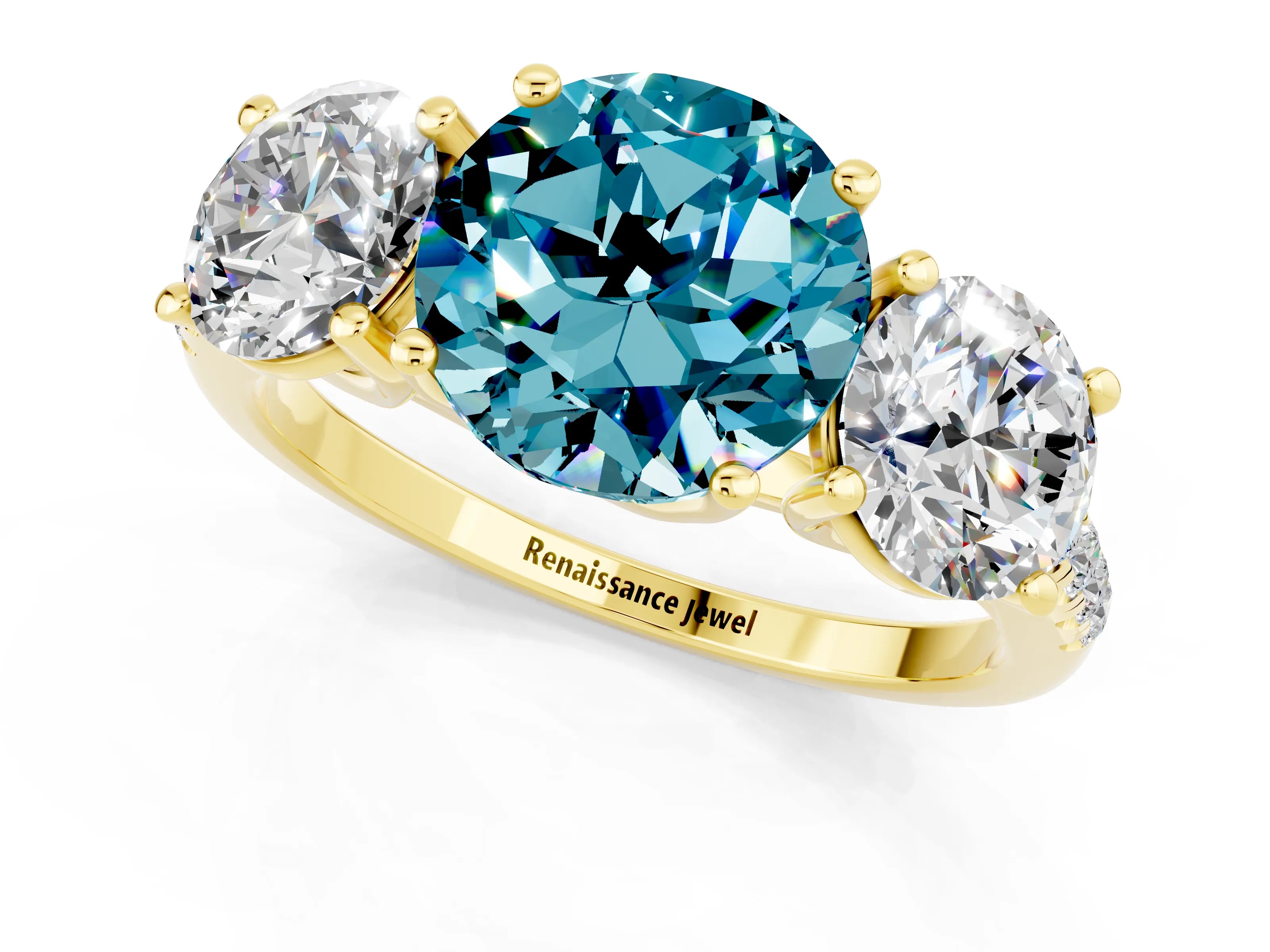 Yellow gold Three-Stone Round Cut Blue Topaz Ring with Pavé Band and Prong Setting_13