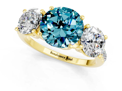 Yellow gold Three-Stone Round Cut Blue Topaz Ring with Pavé Band and Prong Setting_13