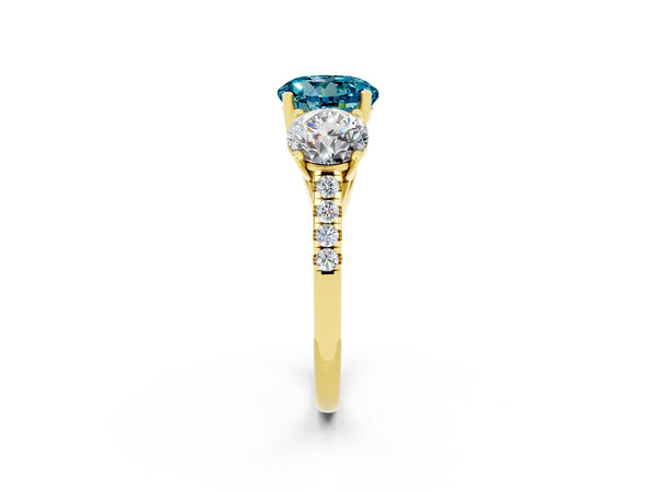 Yellow gold Three-Stone Round Cut Blue Topaz Ring with Round  Pavé Band and Prong Setting