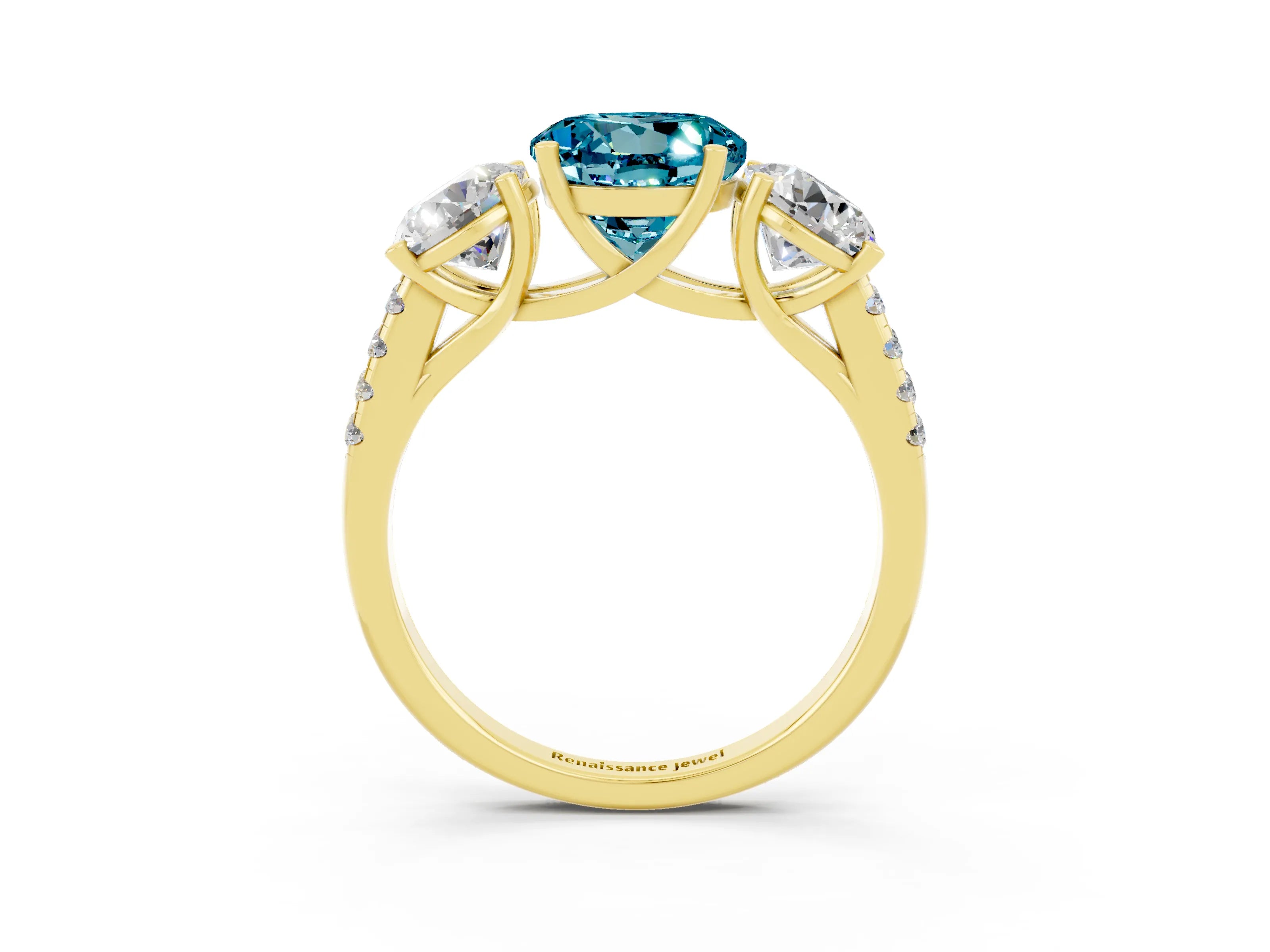 Yellow gold Three-Stone Round Cut Blue Topaz Ring with Pavé Band and Prong Setting_15