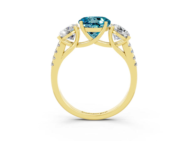 Yellow gold Three-Stone Round Cut Blue Topaz Ring with Round  Pavé Band and Prong Setting