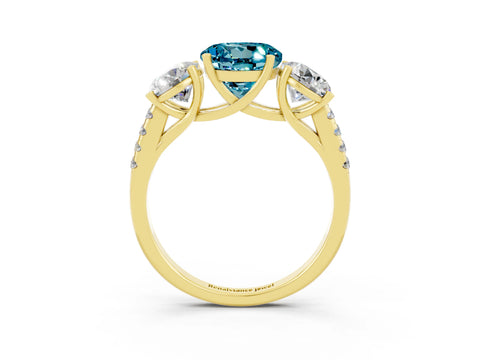 Yellow gold Three-Stone Round Cut Blue Topaz Ring with Pavé Band and Prong Setting_15