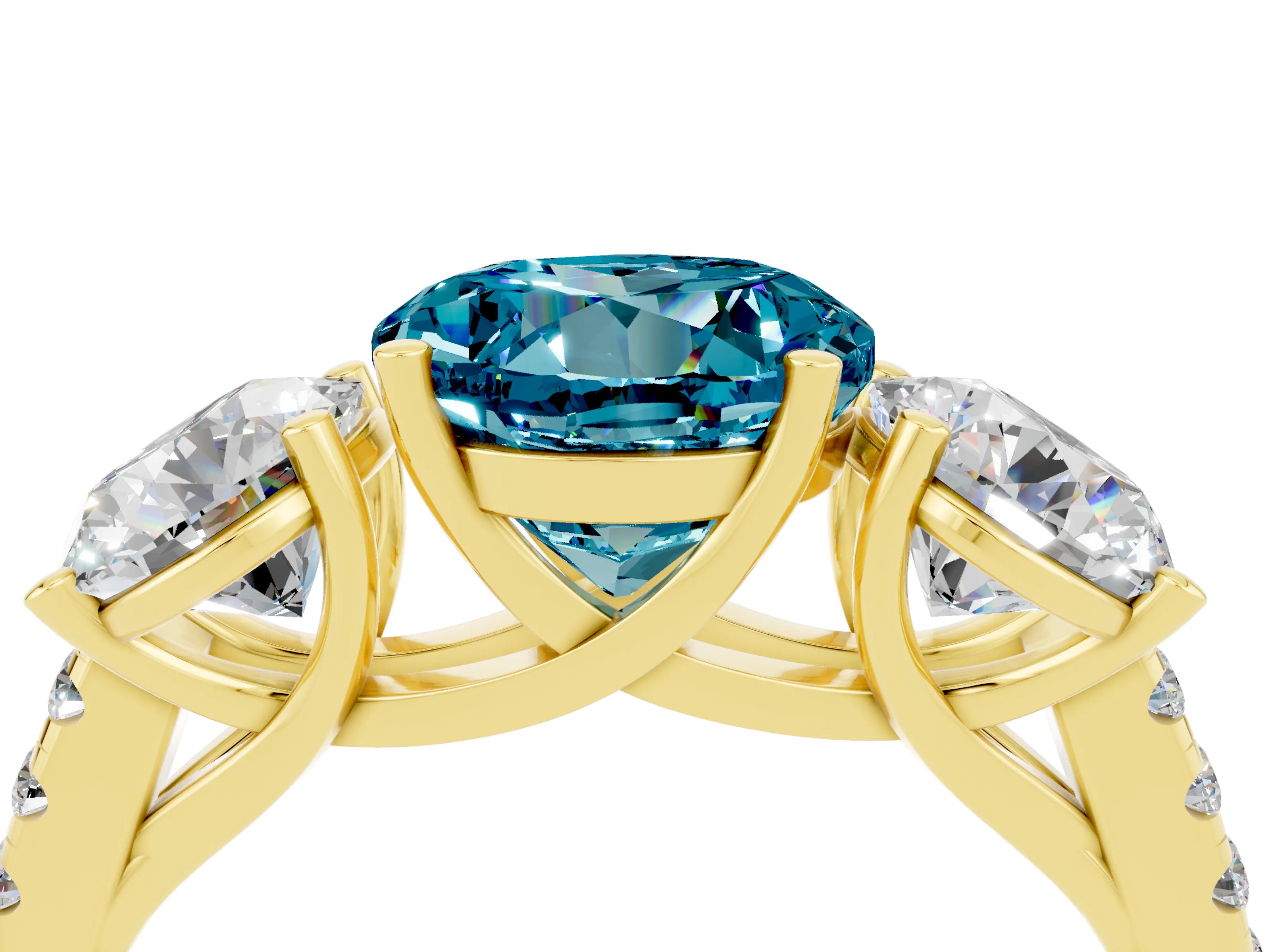 Yellow gold Three-Stone Round Cut Blue Topaz Ring with Pavé Band and Prong Setting_16
