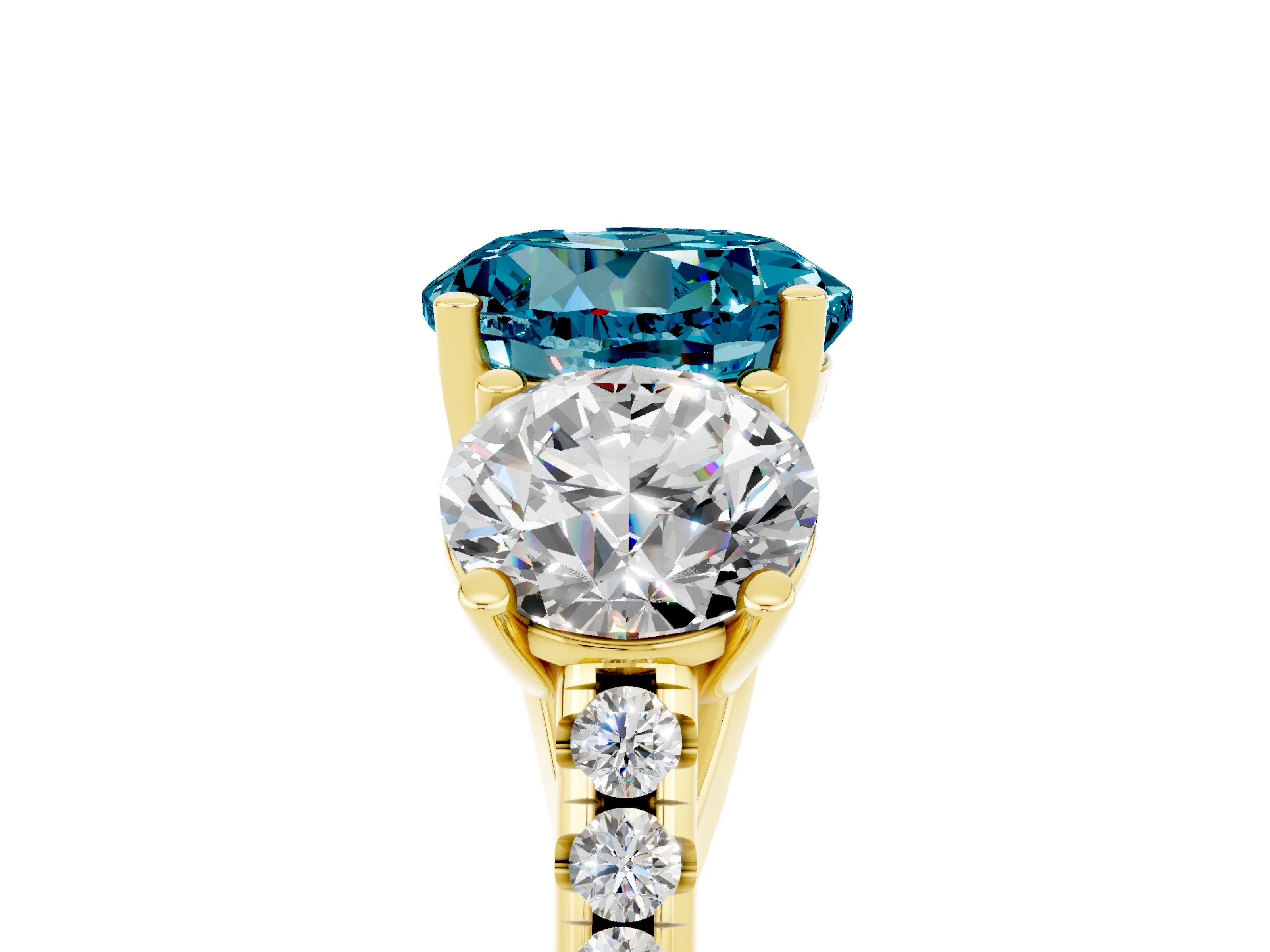 Yellow gold Three-Stone Round Cut Blue Topaz Ring with Pavé Band and Prong Setting_17