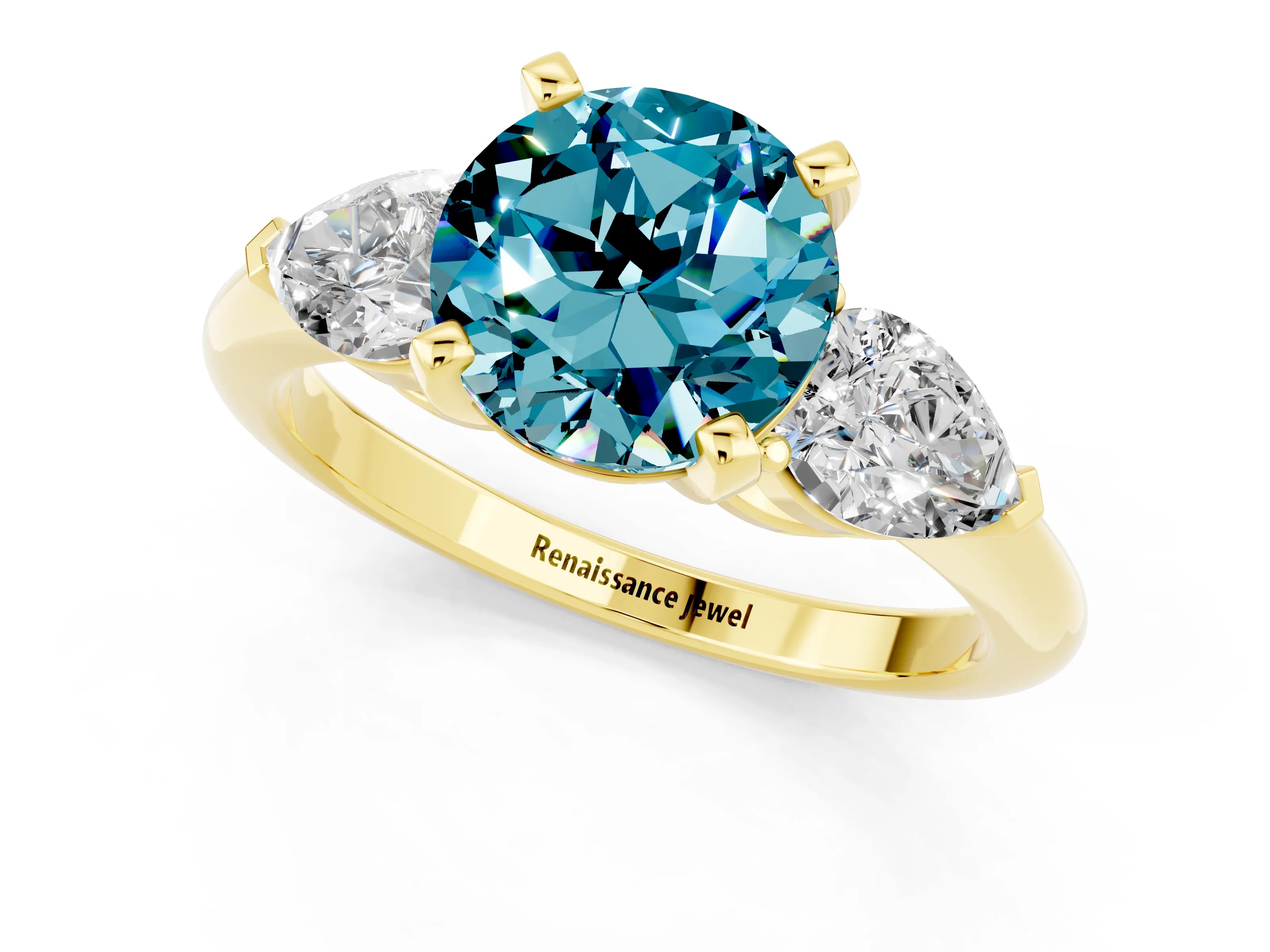 Yellow gold Three-Stone Round Cut Blue Topaz Ring with Pear Side Stones and Four-Prong Setting_1