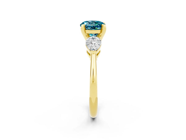 Yellow gold Three-Stone Round Cut Blue Topaz Ring with Pear Side Stones and Four-Prong Setting