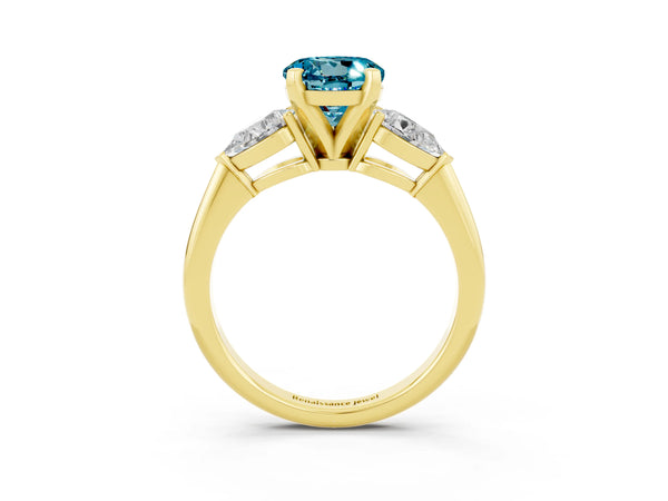 Yellow gold Three-Stone Round Cut Blue Topaz Ring with Pear Side Stones and Four-Prong Setting