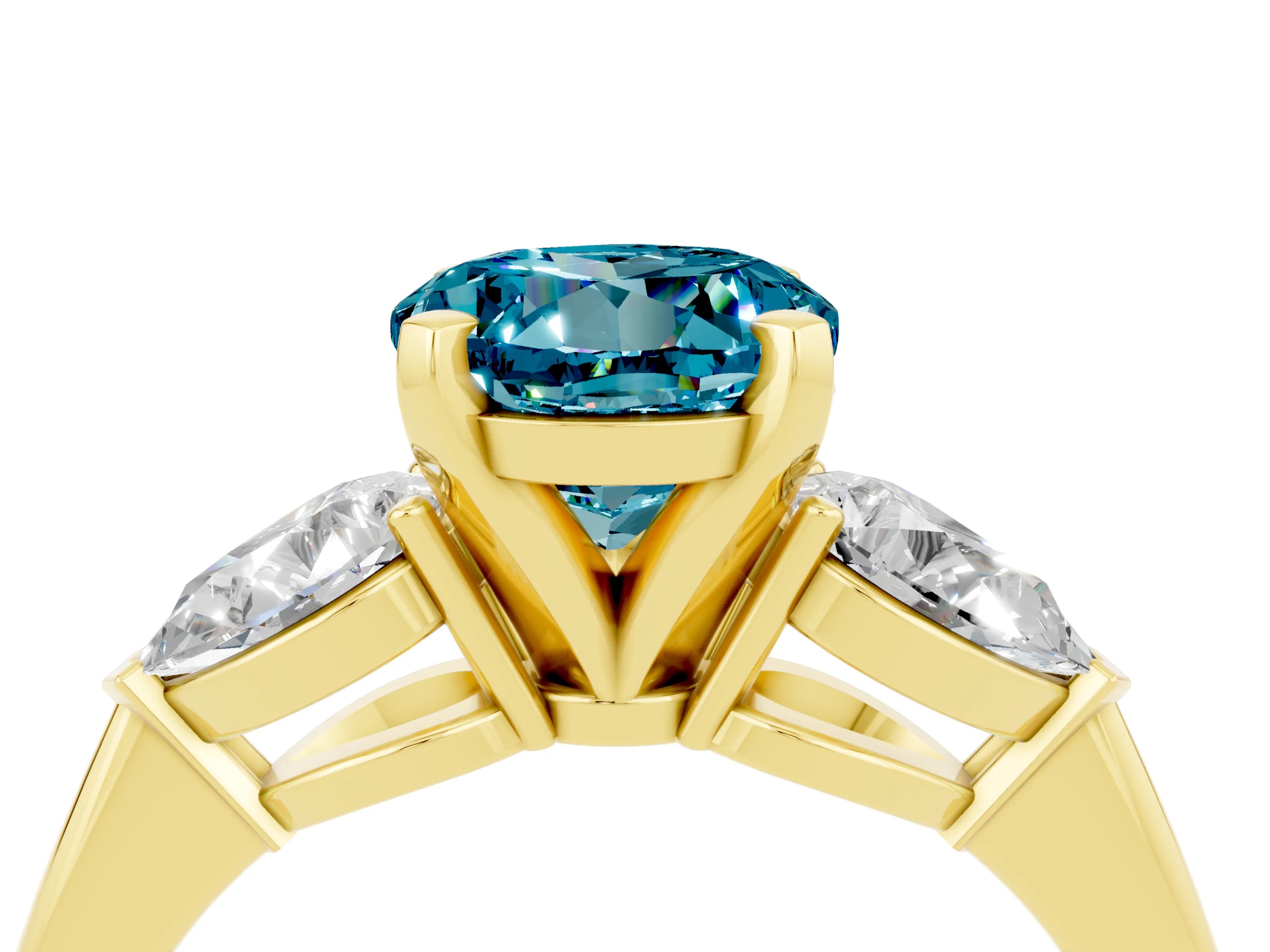 Yellow gold Three-Stone Round Cut Blue Topaz Ring with Pear Side Stones and Four-Prong Setting_4
