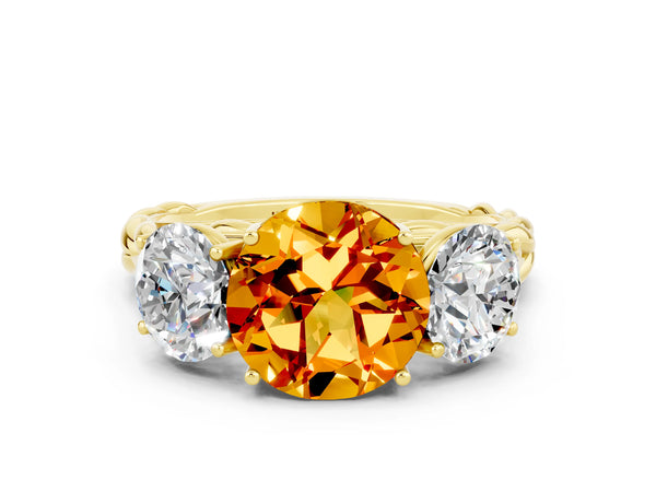 Yellow gold Three-Stone Round Cut Citrine Braided Band Ring with Four-Prong Setting