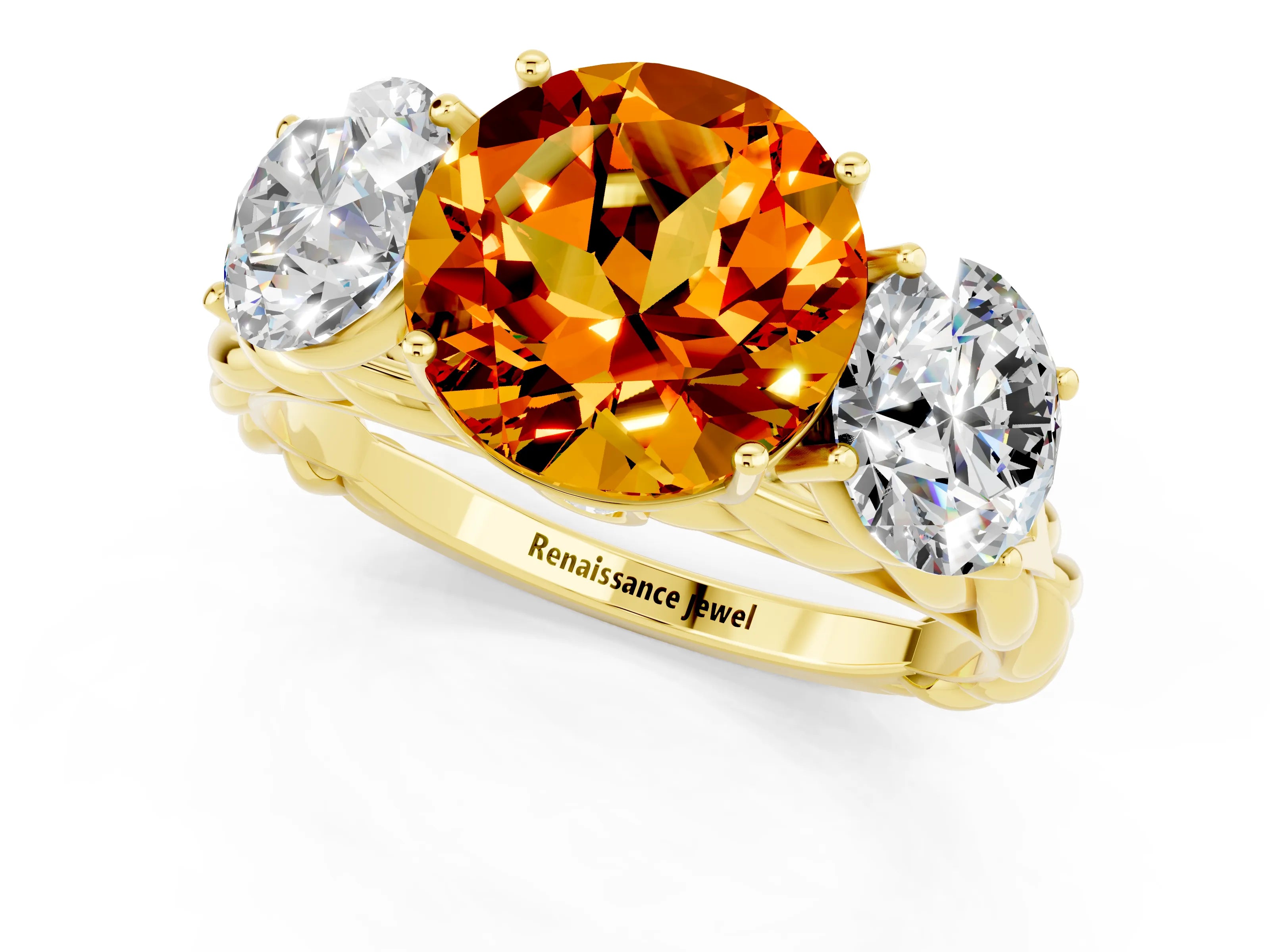 Yellow gold Three-Stone Round Cut Citrine Braided Band Ring with Four-Prong Setting_13