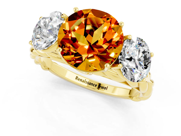 Yellow gold Three-Stone Round Cut Citrine Braided Band Ring with Four-Prong Setting