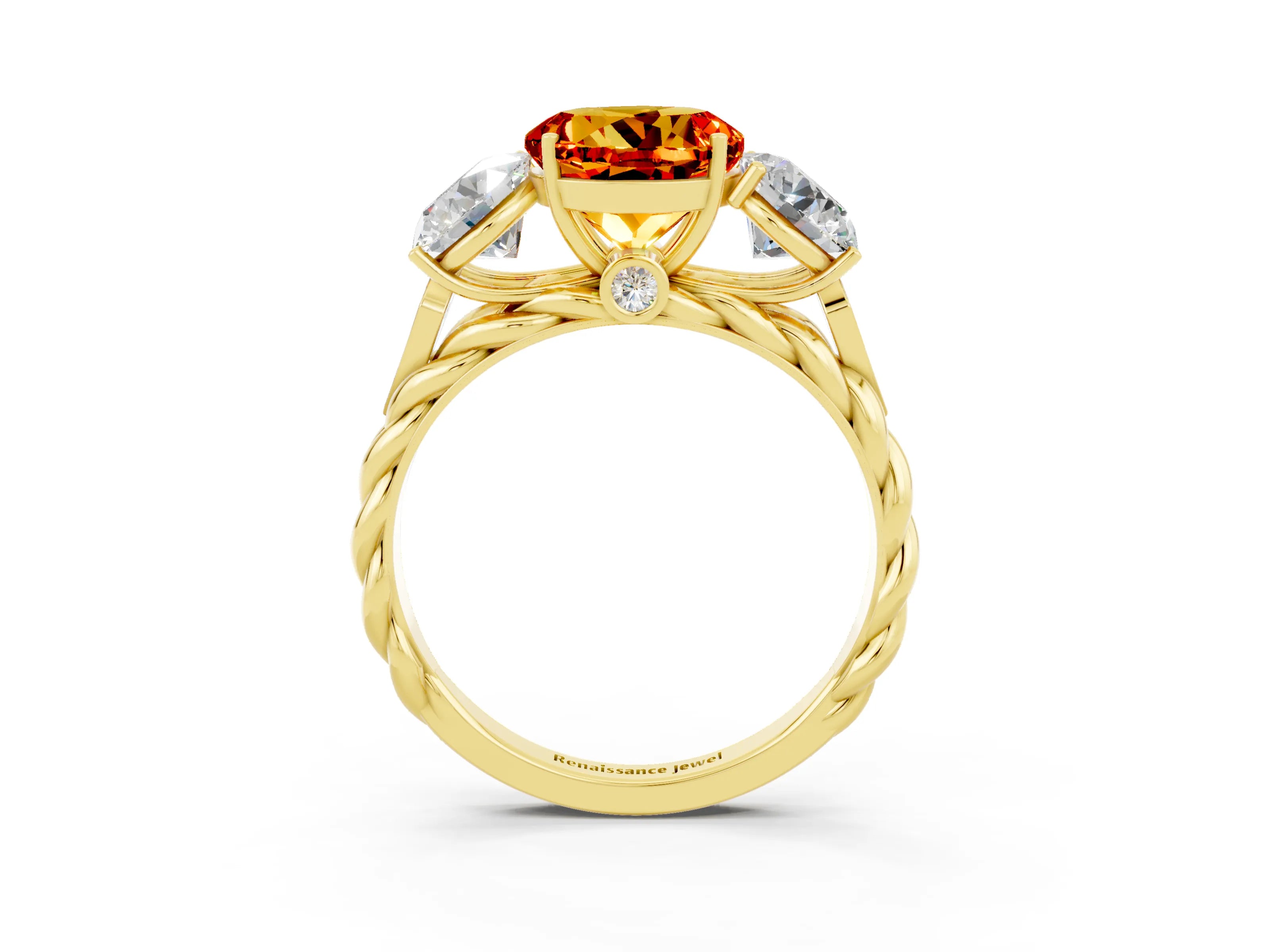 Yellow gold Three-Stone Round Cut Citrine Braided Band Ring with Four-Prong Setting_15