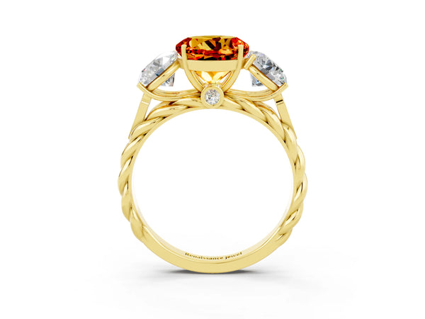 Yellow gold Three-Stone Round Cut Citrine Braided Band Ring with Four-Prong Setting