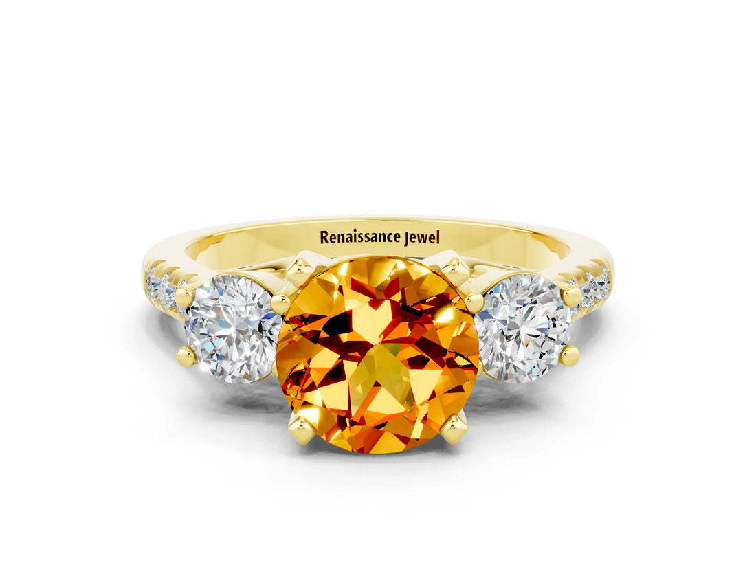 Yellow gold Three-Stone Round Cut Citrine Pavé Band with Four-Prong Setting