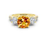 Yellow gold Three-Stone Round Cut Citrine Pavé Band with Four-Prong Setting
