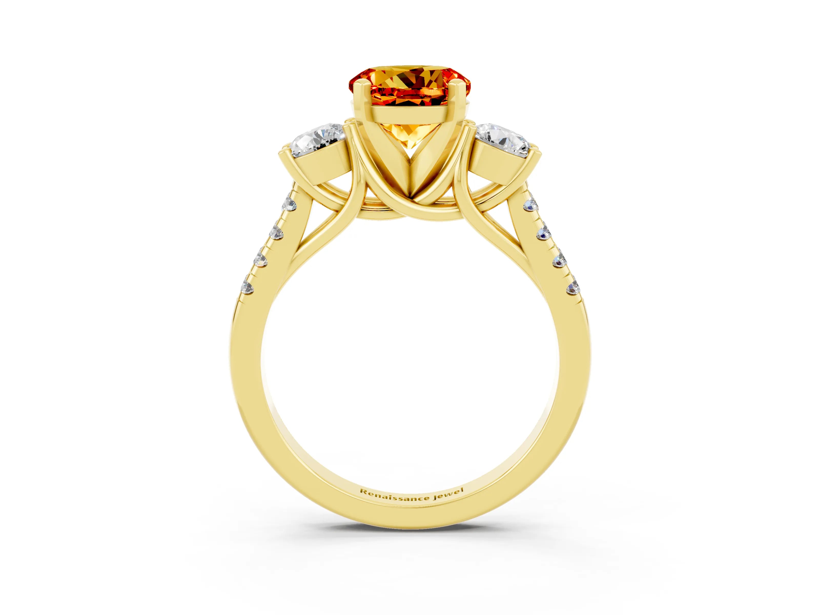 Yellow gold Three-Stone Round Cut Citrine Pavé Band with Four-Prong Setting_3
