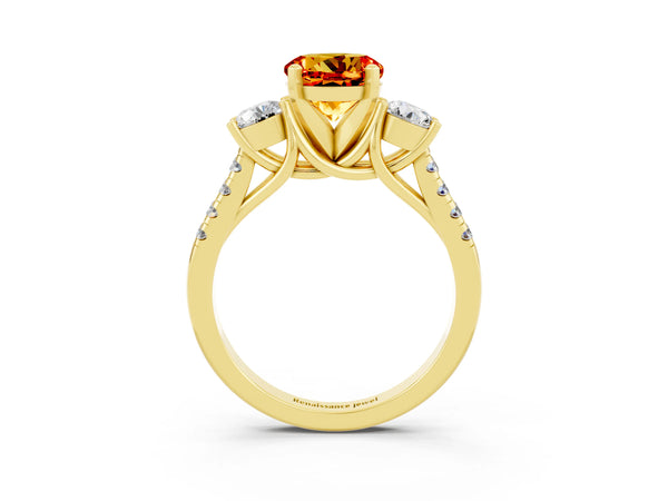 Yellow gold Three-Stone Round Cut Citrine Pavé Band with Four-Prong Setting