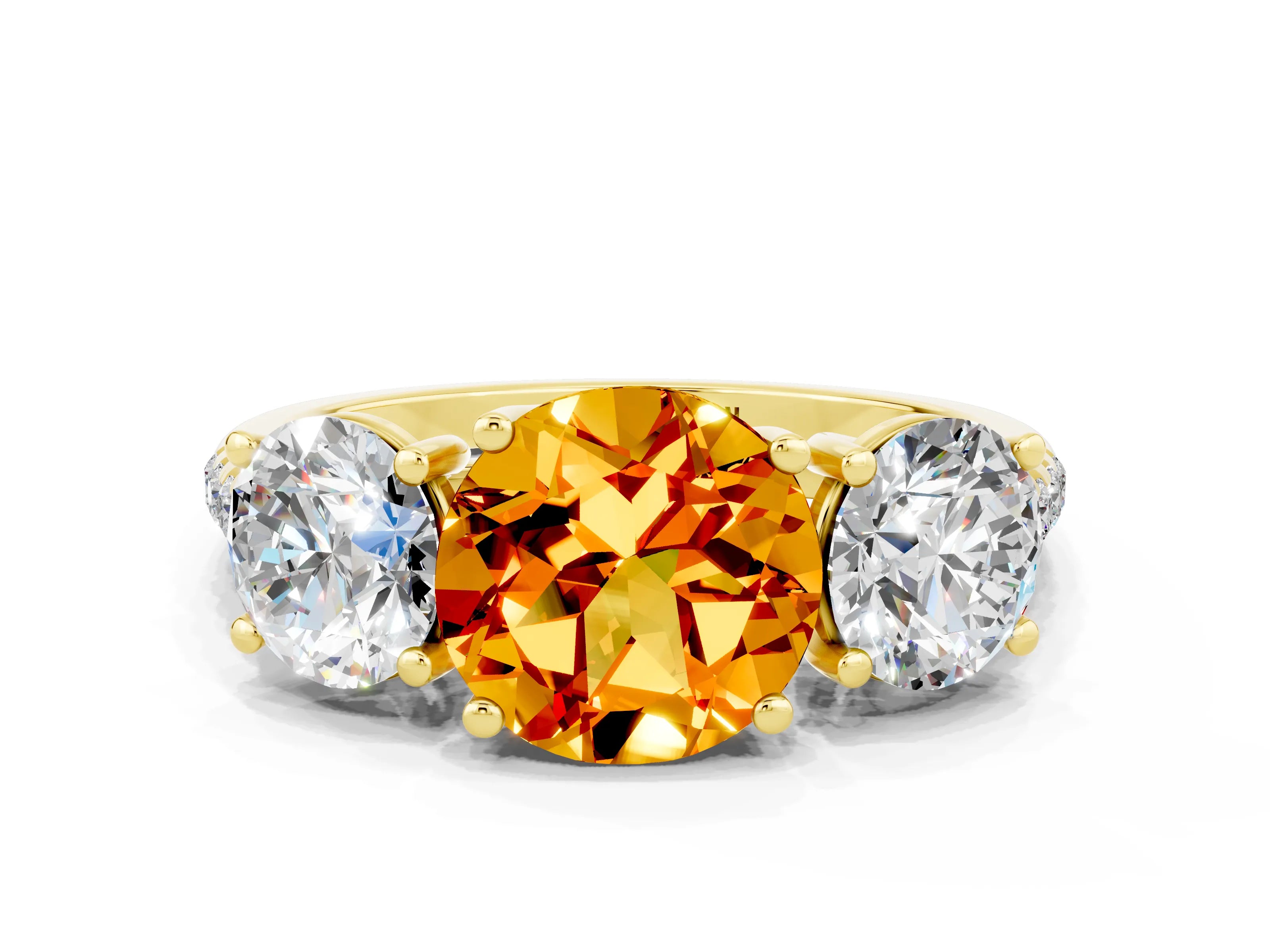 Yellow gold Three-Stone Round Cut Citrine Ring with Pavé Band and Prong Setting_12