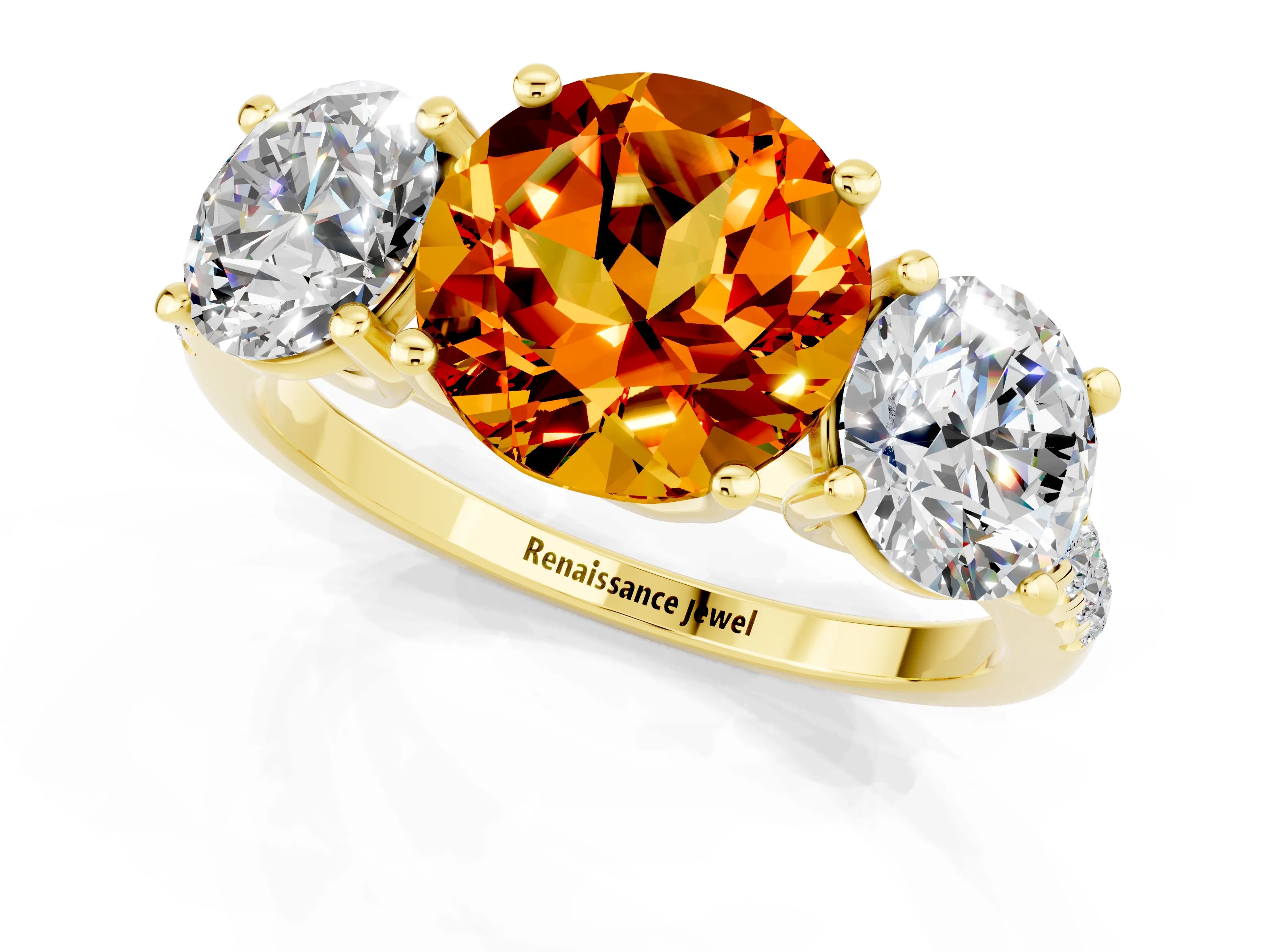 Yellow gold Three-Stone Round Cut Citrine Ring with Pavé Band and Prong Setting_13