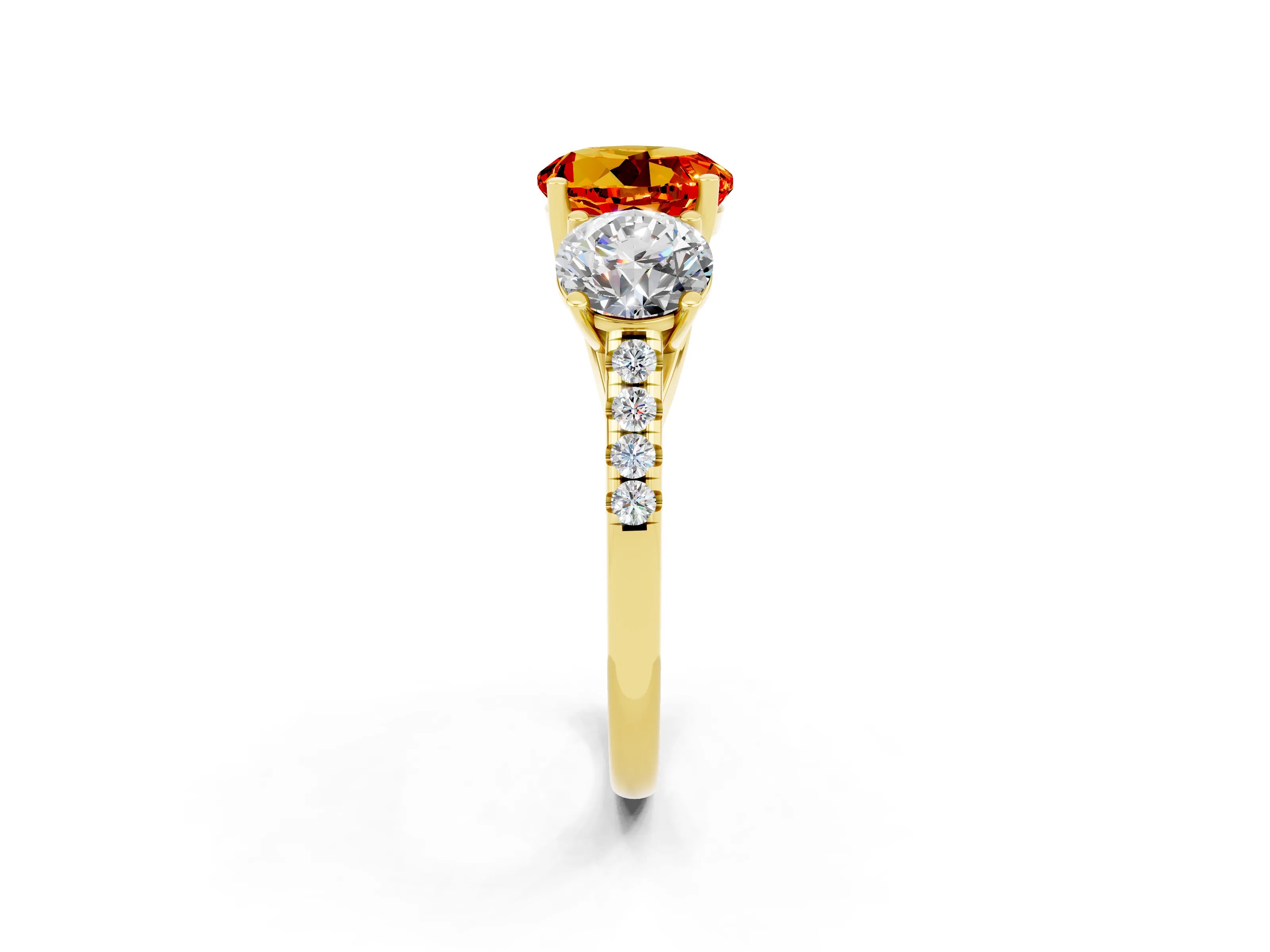Yellow gold Three-Stone Round Cut Citrine Ring with Pavé Band and Prong Setting_14