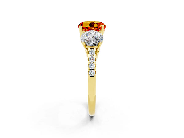 Yellow gold Three-Stone Round Cut Citrine Ring with Round  Pavé Band and Prong Setting