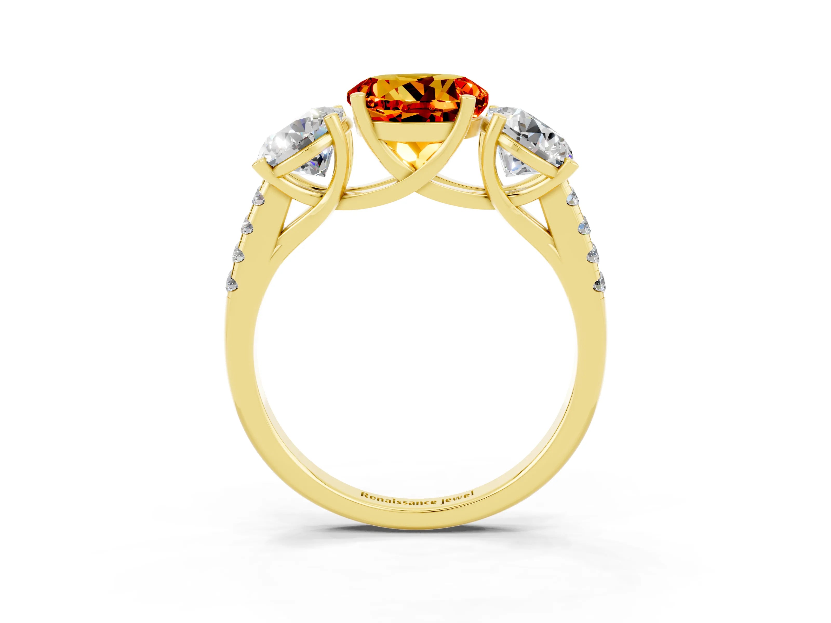 Yellow gold Three-Stone Round Cut Citrine Ring with Pavé Band and Prong Setting_15