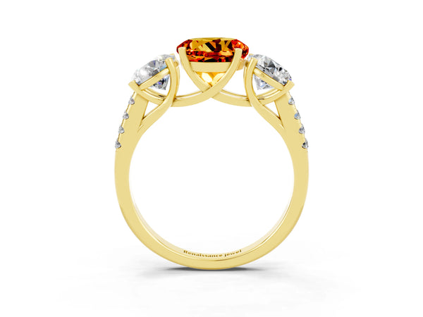 Yellow gold Three-Stone Round Cut Citrine Ring with Round  Pavé Band and Prong Setting