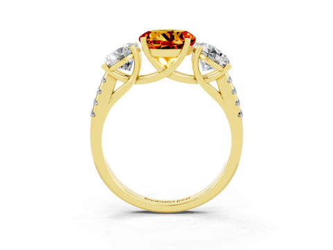Yellow gold Three-Stone Round Cut Citrine Ring with Pavé Band and Prong Setting_15