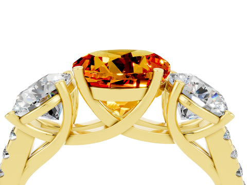 Yellow gold Three-Stone Round Cut Citrine Ring with Pavé Band and Prong Setting_16