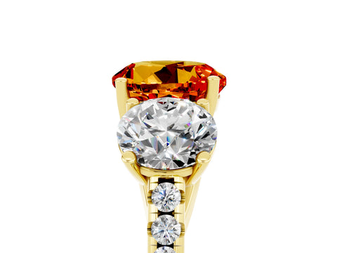 Yellow gold Three-Stone Round Cut Citrine Ring with Pavé Band and Prong Setting_17