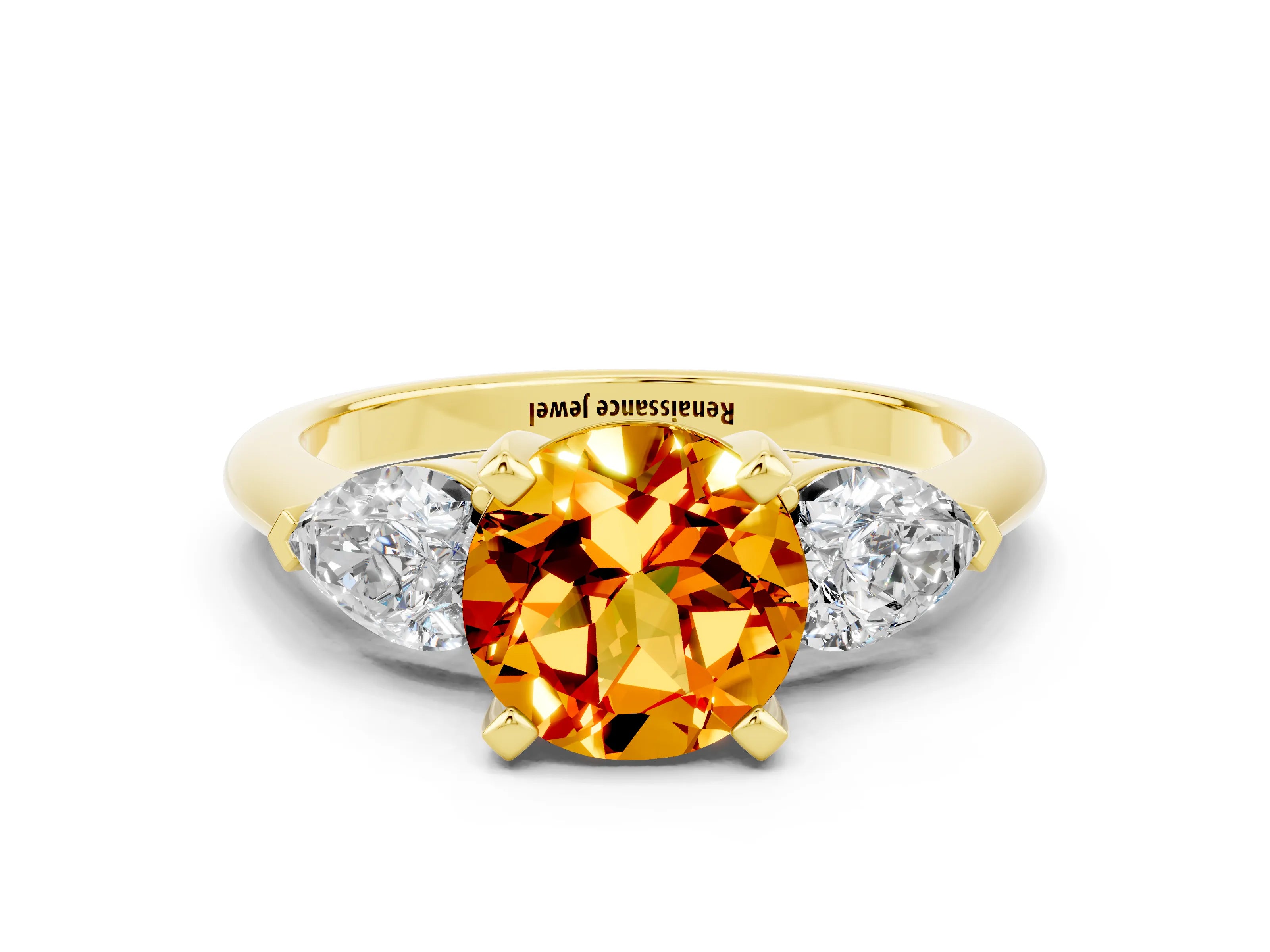 Yellow gold Three-Stone Round Cut Citrine Ring with Pear Side Stones and Four-Prong Setting