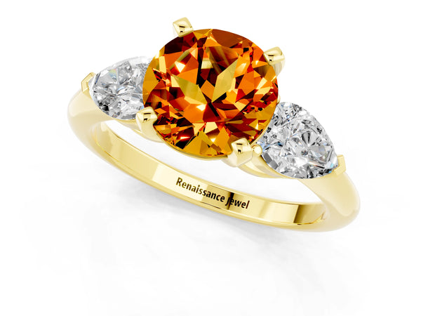 Yellow gold Three-Stone Round Cut Citrine Ring with Pear Side Stones and Four-Prong Setting