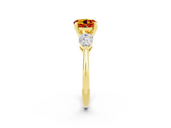Yellow gold Three-Stone Round Cut Citrine Ring with Pear Side Stones and Four-Prong Setting
