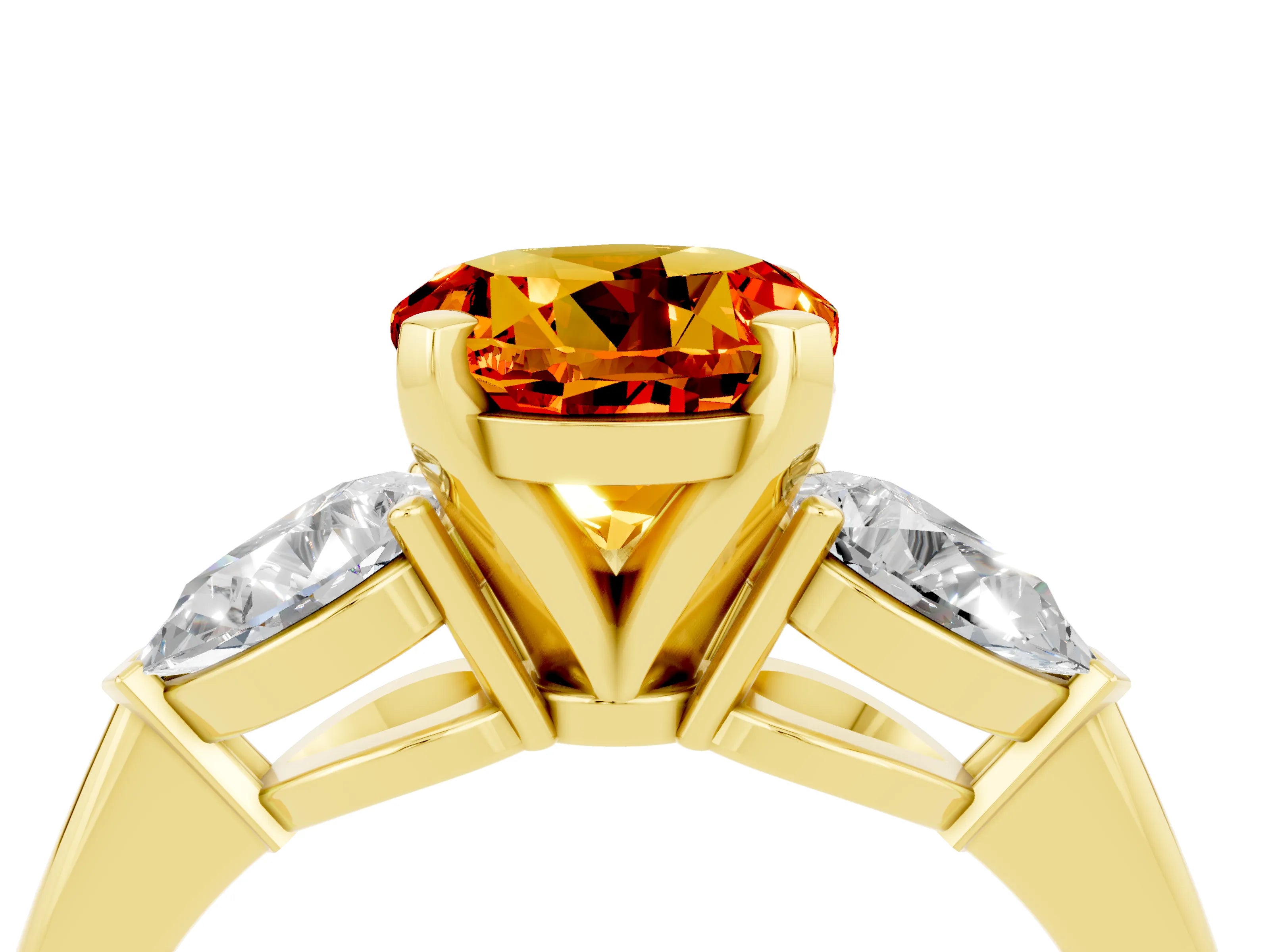 Yellow gold Three-Stone Round Cut Citrine Ring with Pear Side Stones and Four-Prong Setting_4