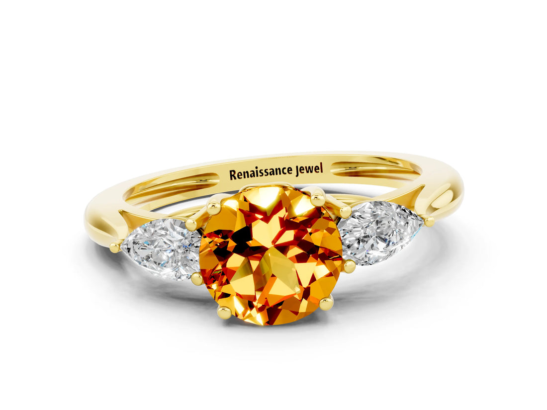 Yellow gold Three-Stone Round Cut Citrine Ring with Pear  Side Stones in Four-Prong Setting_12