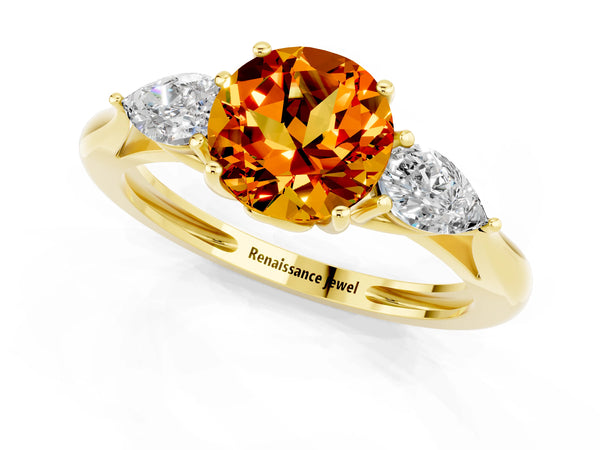 Yellow gold Three-Stone Round Cut Citrine Ring with Pear  Side Stones in Four-Prong Setting