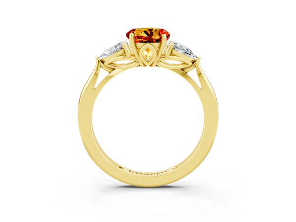 Yellow gold Three-Stone Round Cut Citrine Ring with Pear  Side Stones in Four-Prong Setting