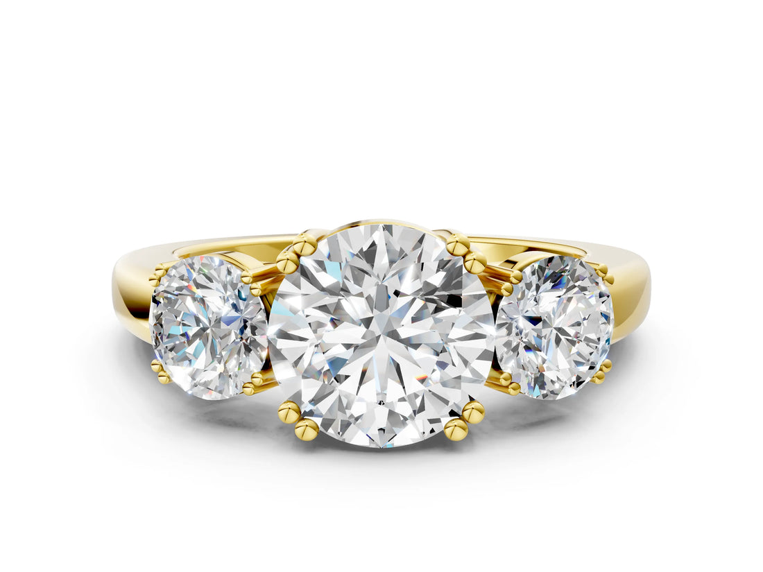 Yellow gold Three-Stone Round Cut Cut Diamond Ring with Channel Set Band and Four-Prong Setting_11