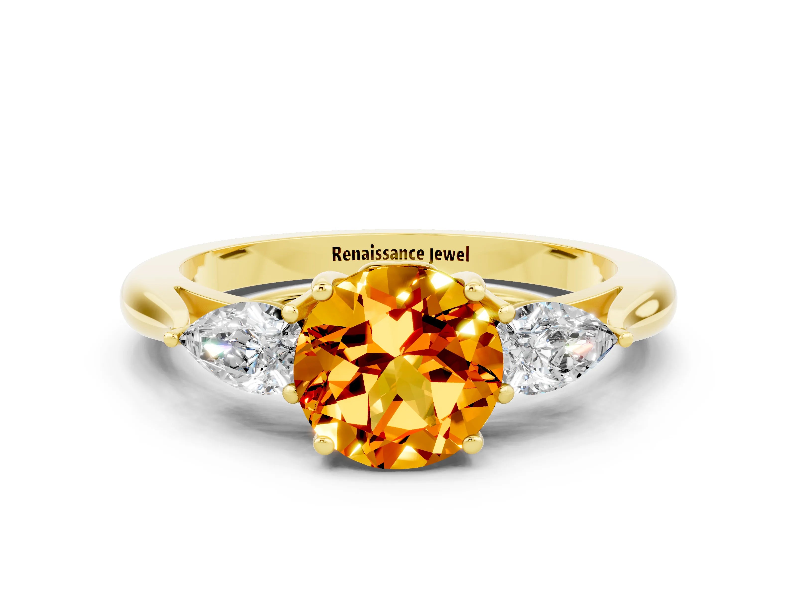 Yellow gold Three-Stone Round Cut Cut Diamond Ring with Pear Side Stones in Four-Prong Setting_12