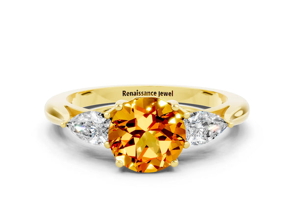 Yellow gold Three-Stone Round Cut Citrine Ring with Pear  Side Stones in Four-Prong Setting