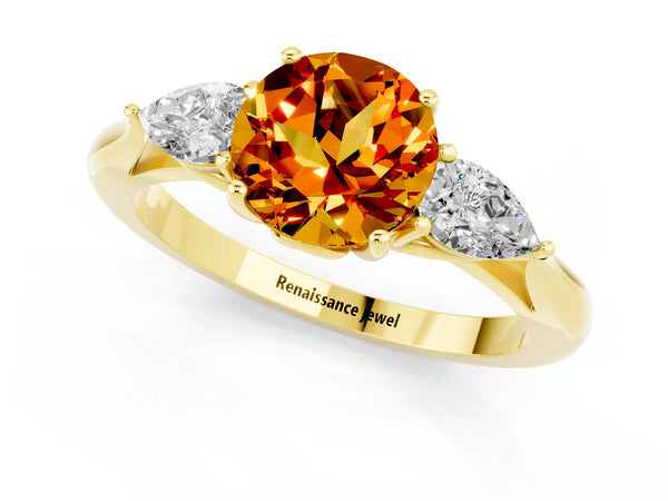 Yellow gold Three-Stone Round Cut Citrine Ring with Pear  Side Stones in Four-Prong Setting