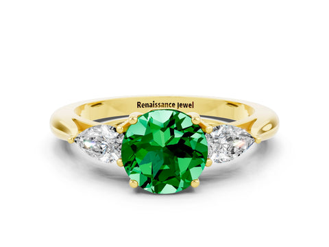 Yellow gold Three-Stone Round Cut Cut Diamond Ring with Pear Side Stones in Four-Prong Setting