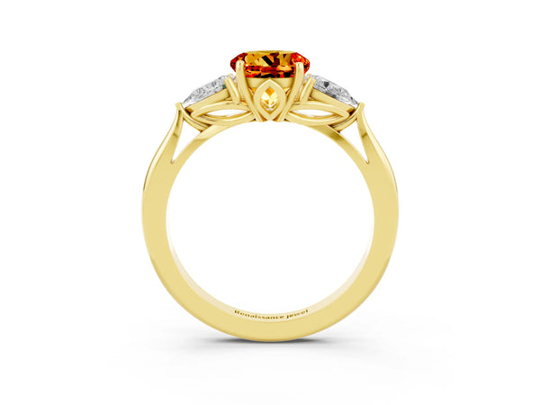 Yellow gold Three-Stone Round Cut Citrine Ring with Pear  Side Stones in Four-Prong Setting
