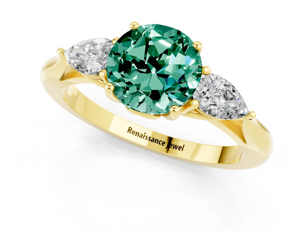 Yellow gold Three-Stone Round Cut Green Sapphire Ring with Pear  Side Stones in Four-Prong Setting